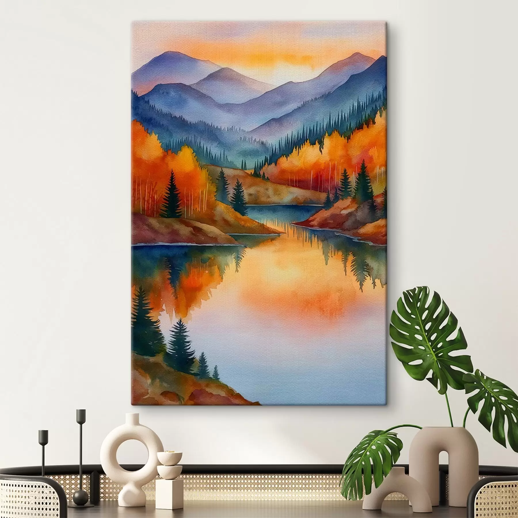 Tableau Paysage automnal avec des montagnes se reflétant dans un lac calme s46174