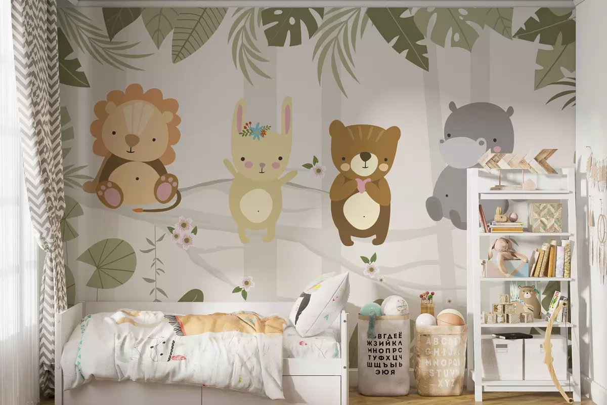 Papier peint Adorable lion, lapin, ours et hippopotame parmi les feuilles w04682