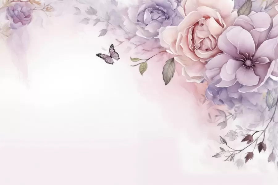 Papier peint Fleurs délicates roses et lilas avec un papillon w04711