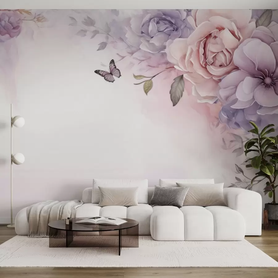 Papier peint Fleurs délicates roses et lilas avec un papillon w04711