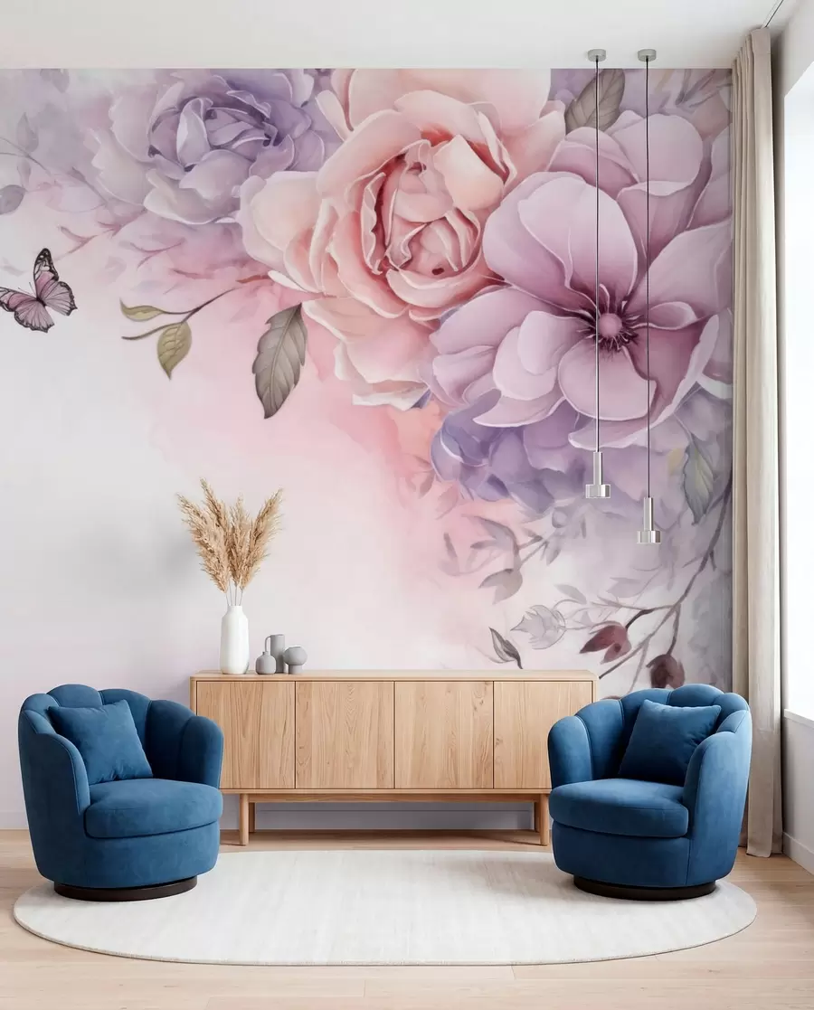 Papier peint Papillons et fleurs roses w04711