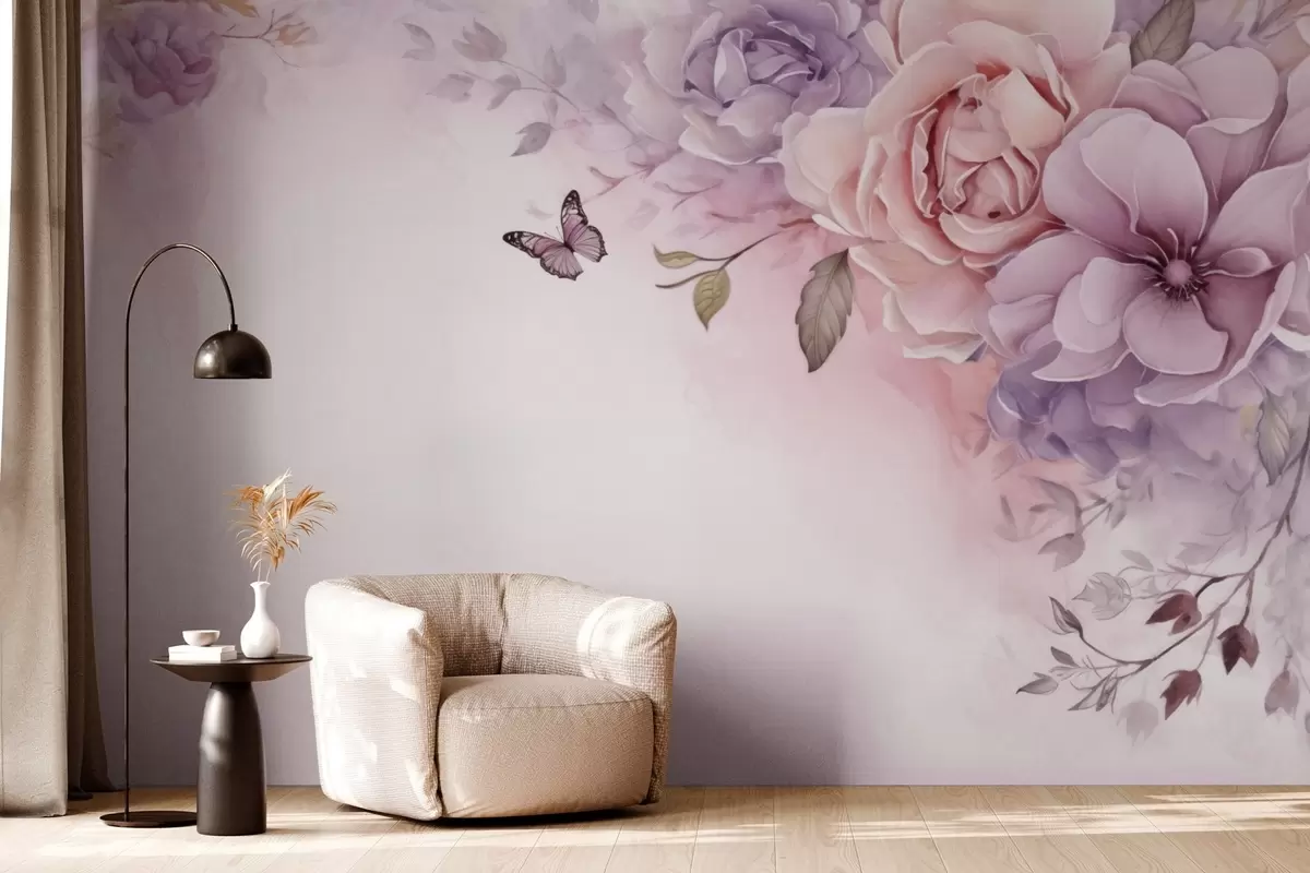 Papier peint Fleurs délicates roses et lilas avec un papillon w04711