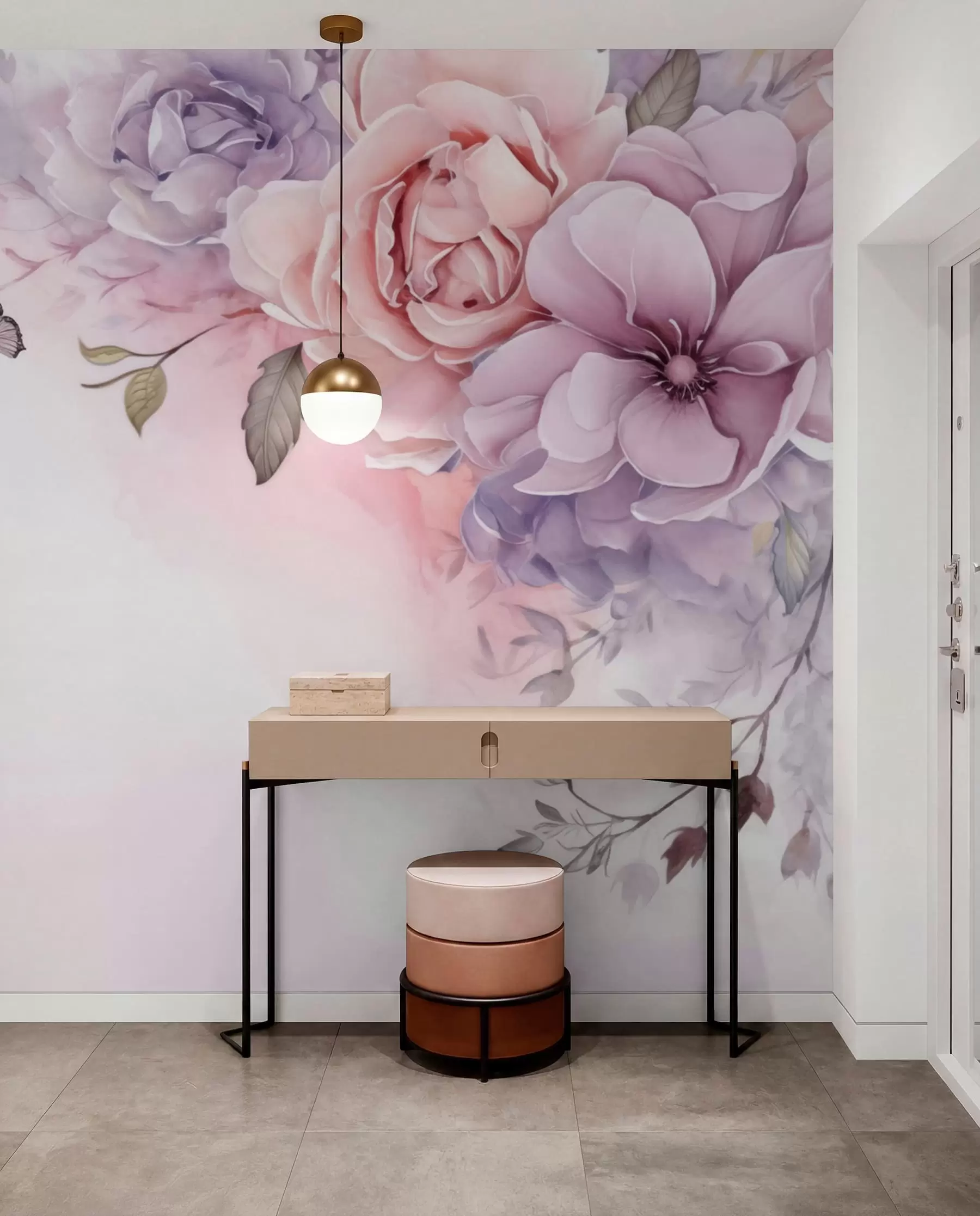 Papier peint Fleurs délicates roses et lilas avec un papillon w04711