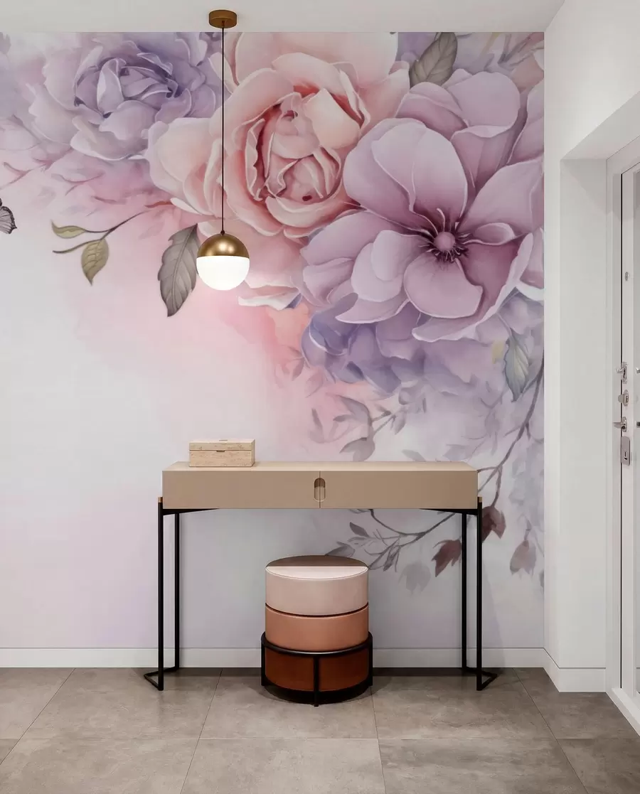 Papier peint Fleurs délicates roses et lilas avec un papillon w04711