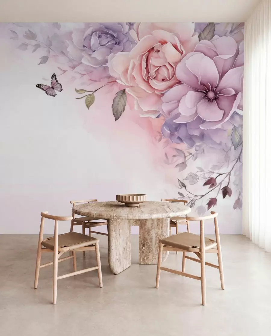 Papier peint Fleurs délicates roses et lilas avec un papillon w04711