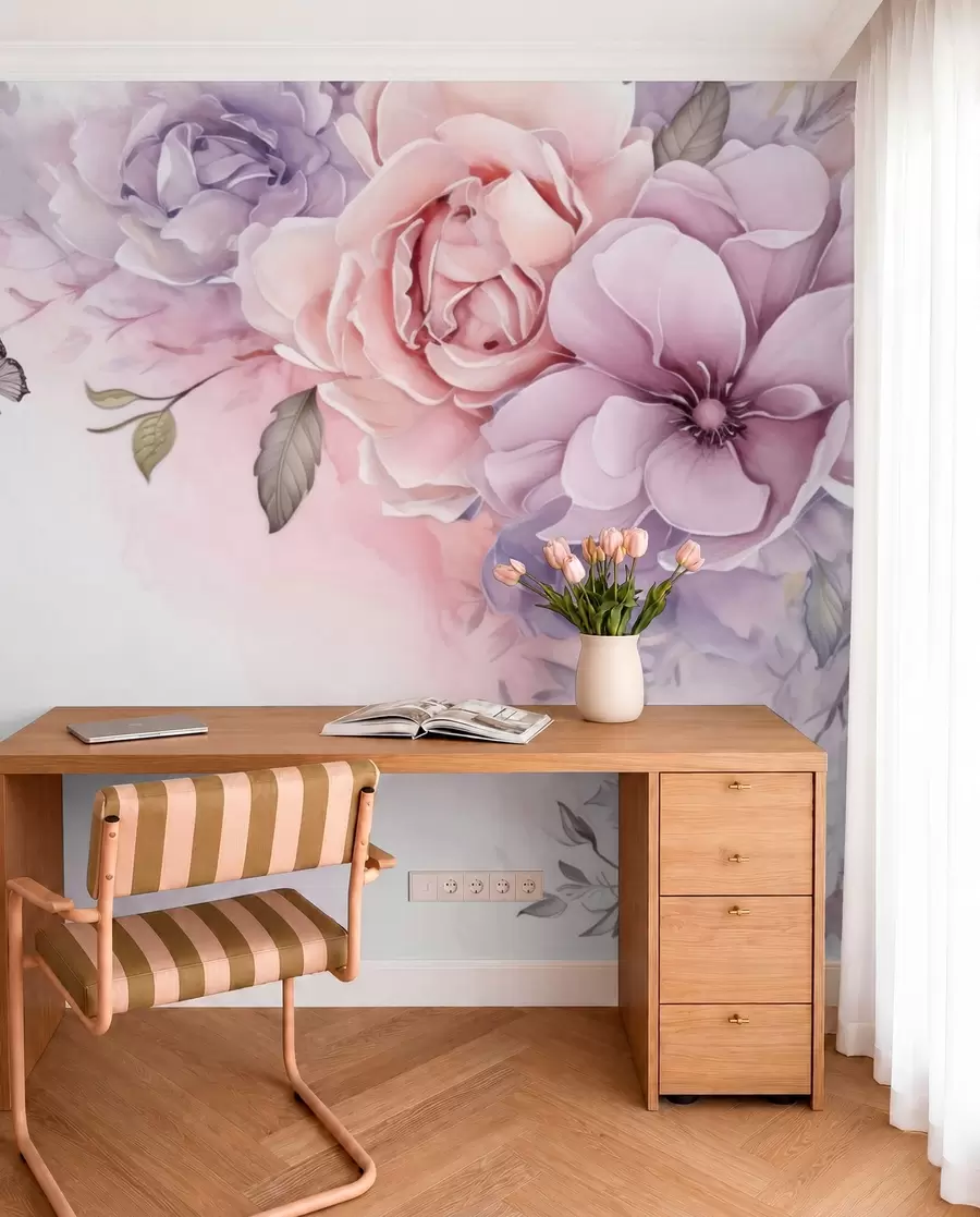 Papier peint Fleurs délicates roses et lilas avec un papillon w04711