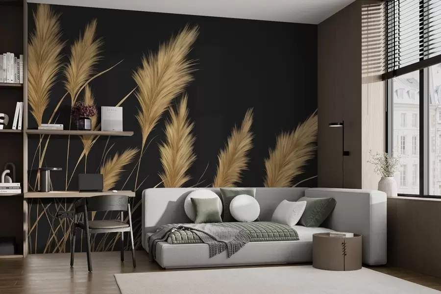 Papier peint Épis de blé duveteux sur fond sombre w04734