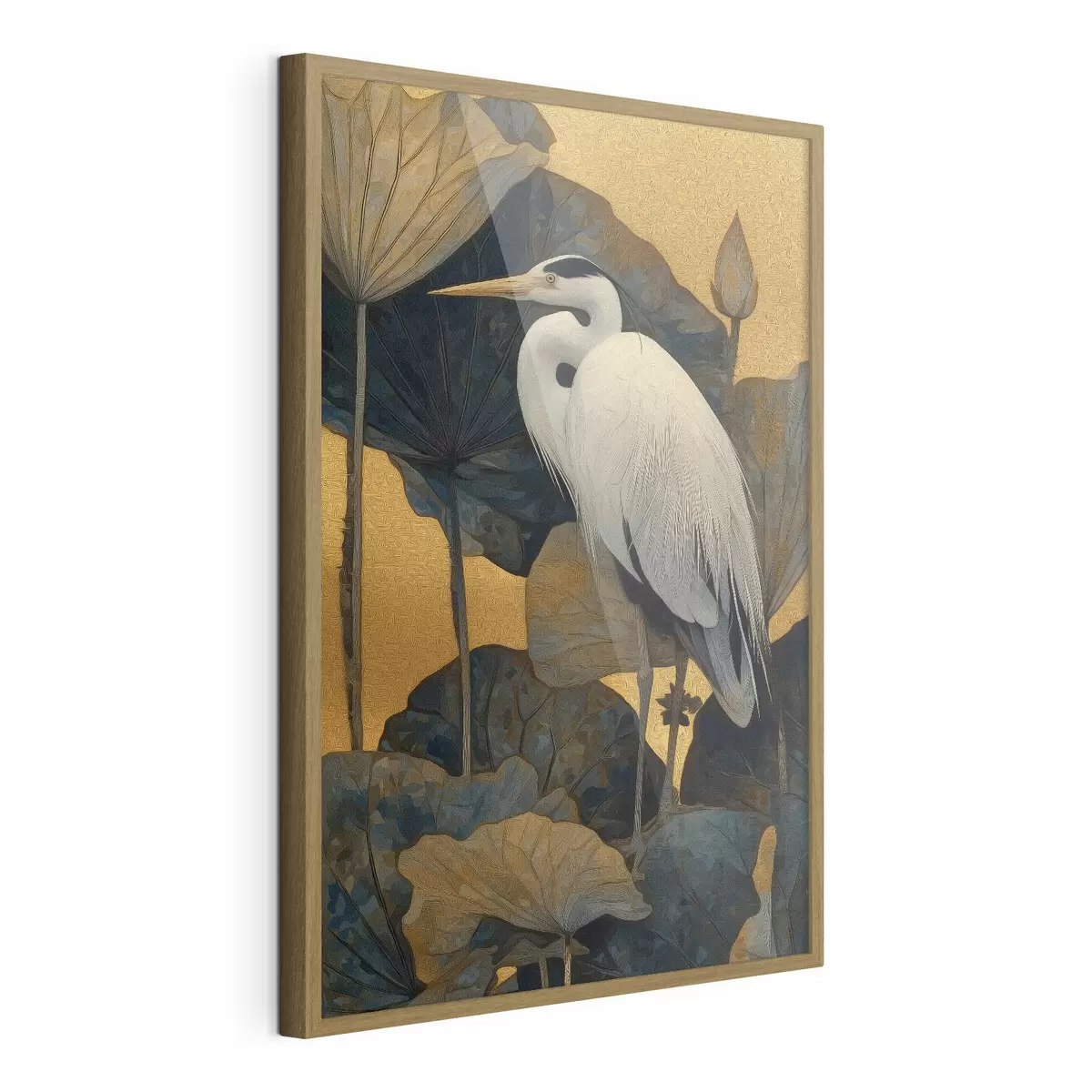 Poster Héron blanc parmi de grandes feuilles sur un fond chaud f46147