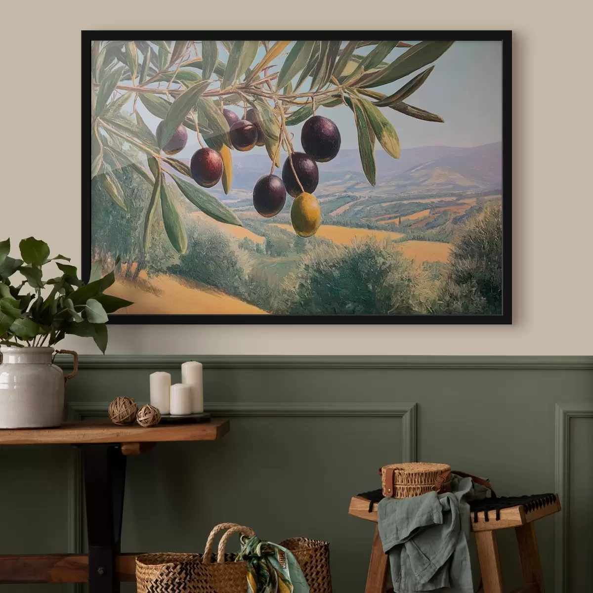 Poster Branche d'olivier avec des fruits noirs sur fond de paysage estival f46150