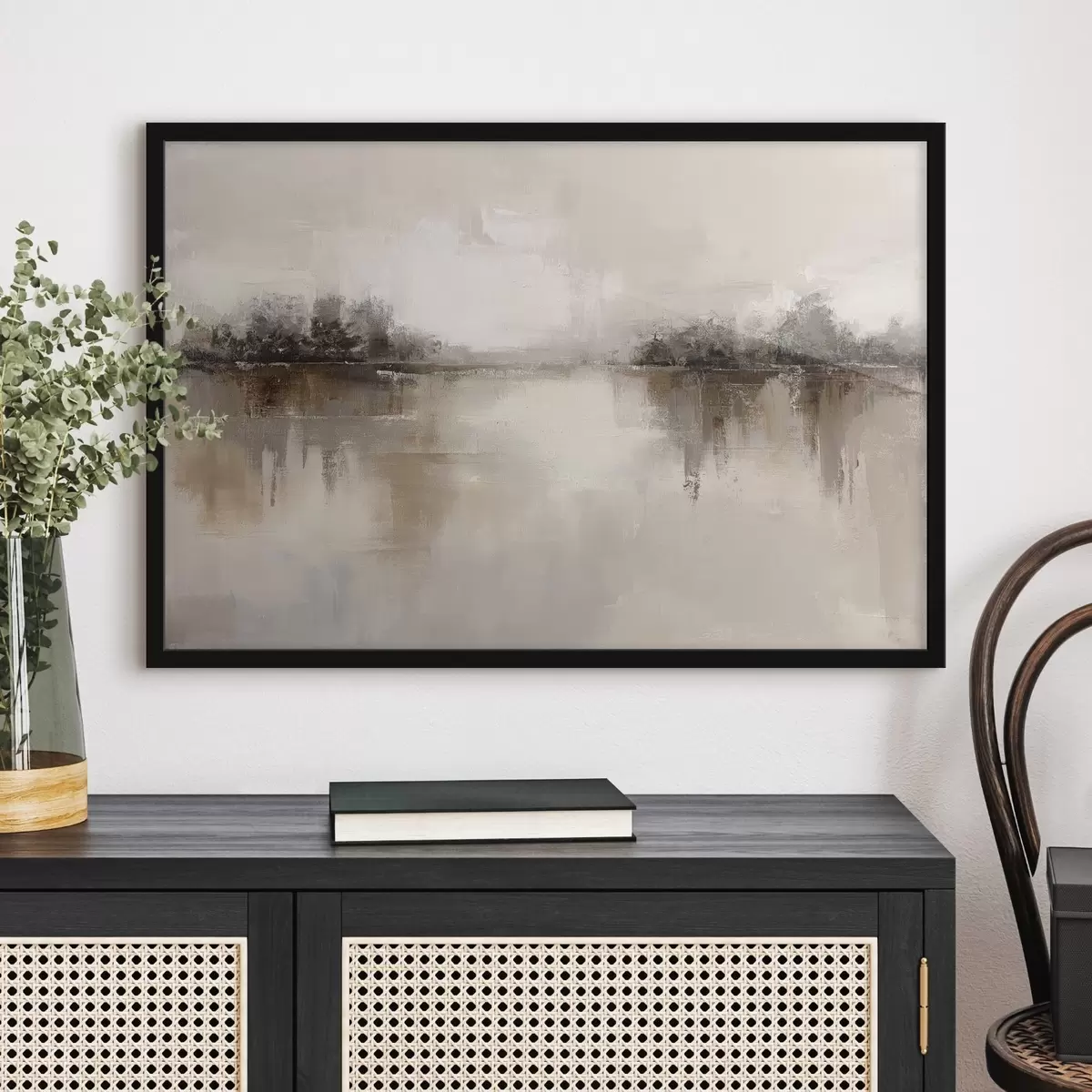 Poster Paysage doux avec un lac dans des tons chauds beige-gris f46158