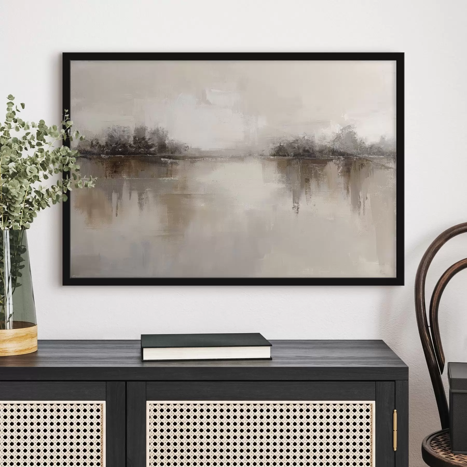 Papier peint Paysage doux avec un lac dans des tons chauds beige-gris f46158