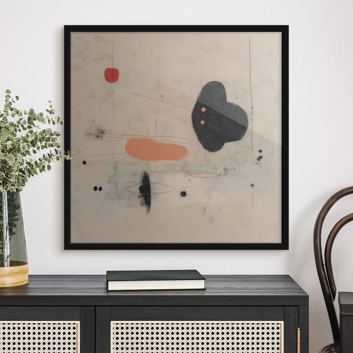 Poster Dessin abstrait minimaliste avec des accents noirs et corail f46159
