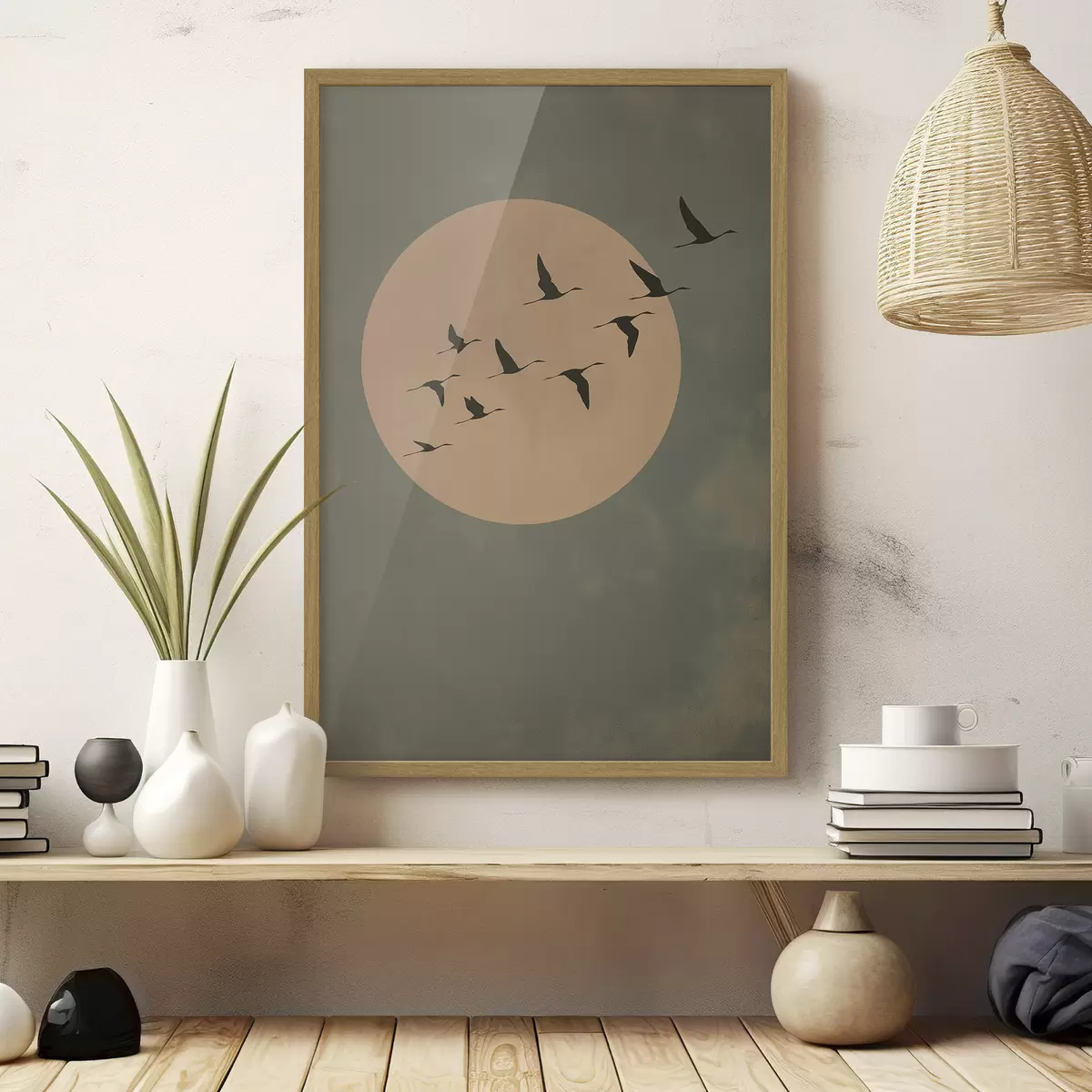 Poster Une volée d'oiseaux volant devant une grande lune chaude f46162