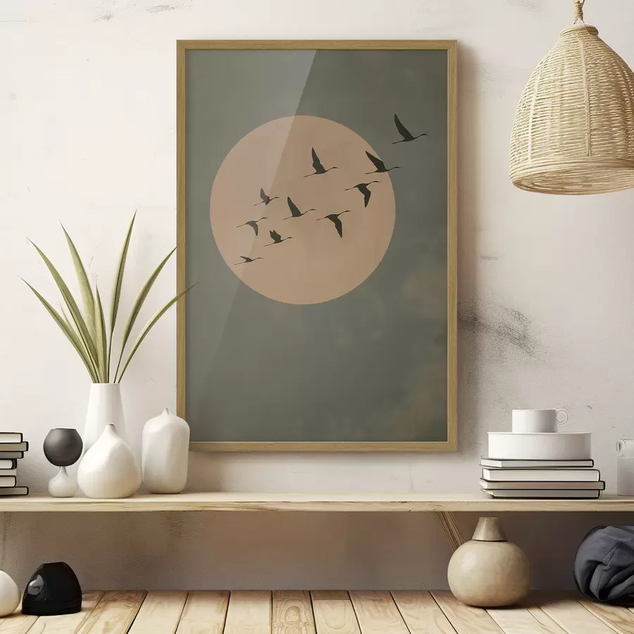 Papier peint Une volée d'oiseaux volant devant une grande lune chaude f46162