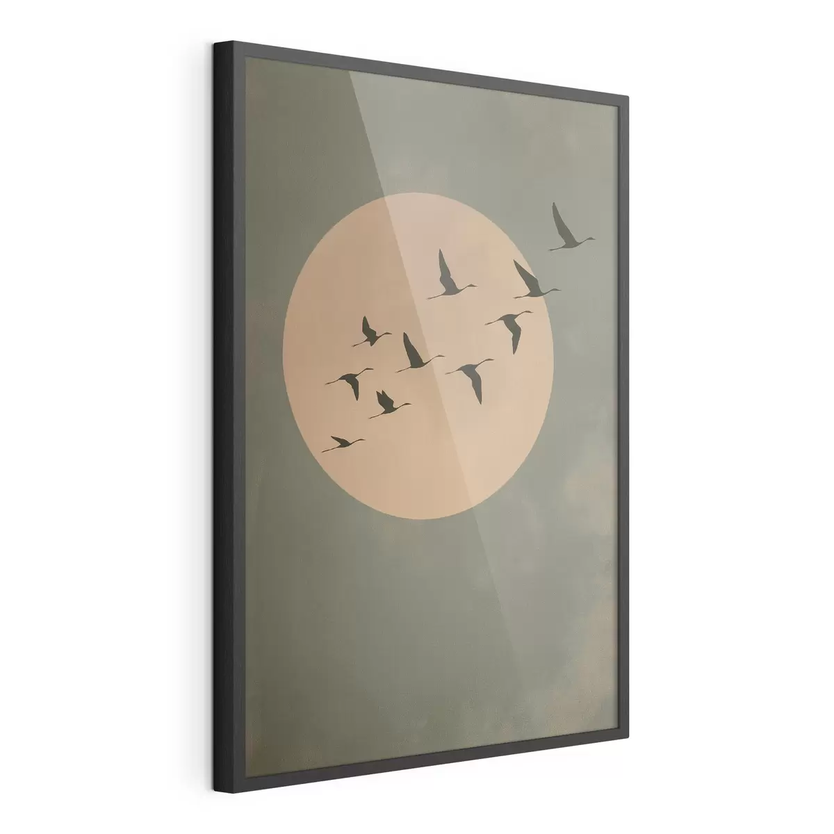 Poster Une volée d'oiseaux volant devant une grande lune chaude f46162