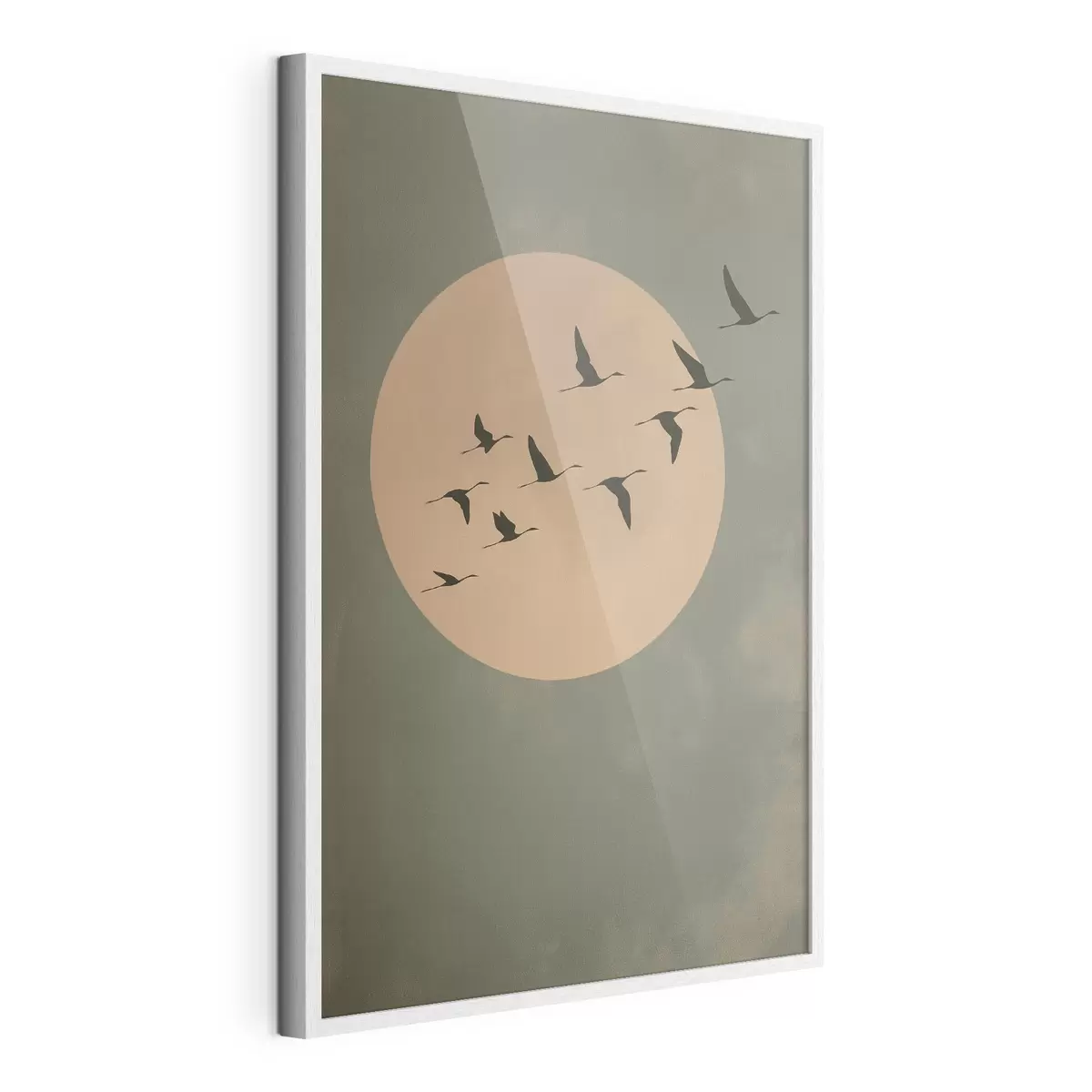 Poster Une volée d'oiseaux volant devant une grande lune chaude f46162