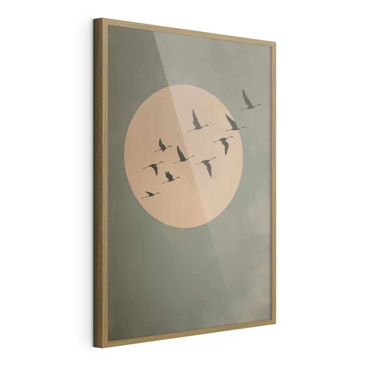 Poster Une volée d'oiseaux volant devant une grande lune chaude f46162