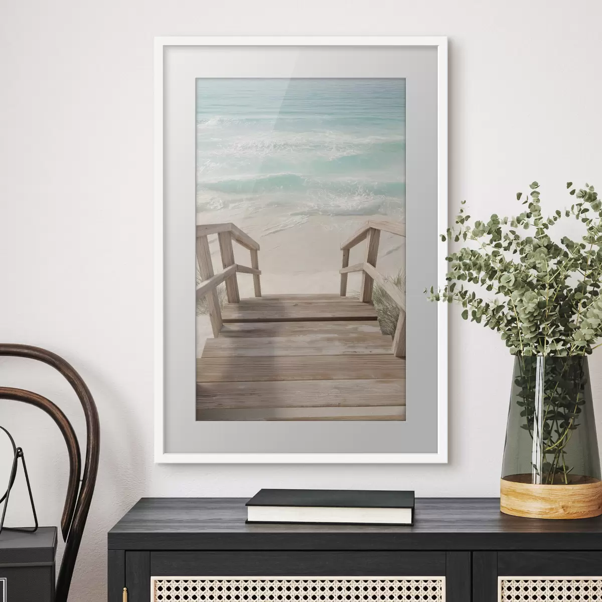 Poster Escalier en bois menant à une plage turquoise f46163