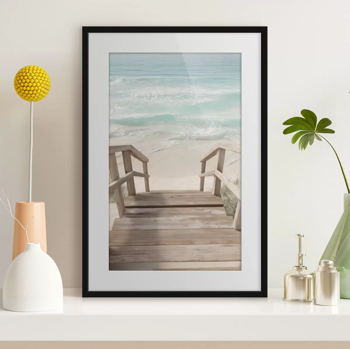 Poster Escalier en bois menant à une plage turquoise f46163
