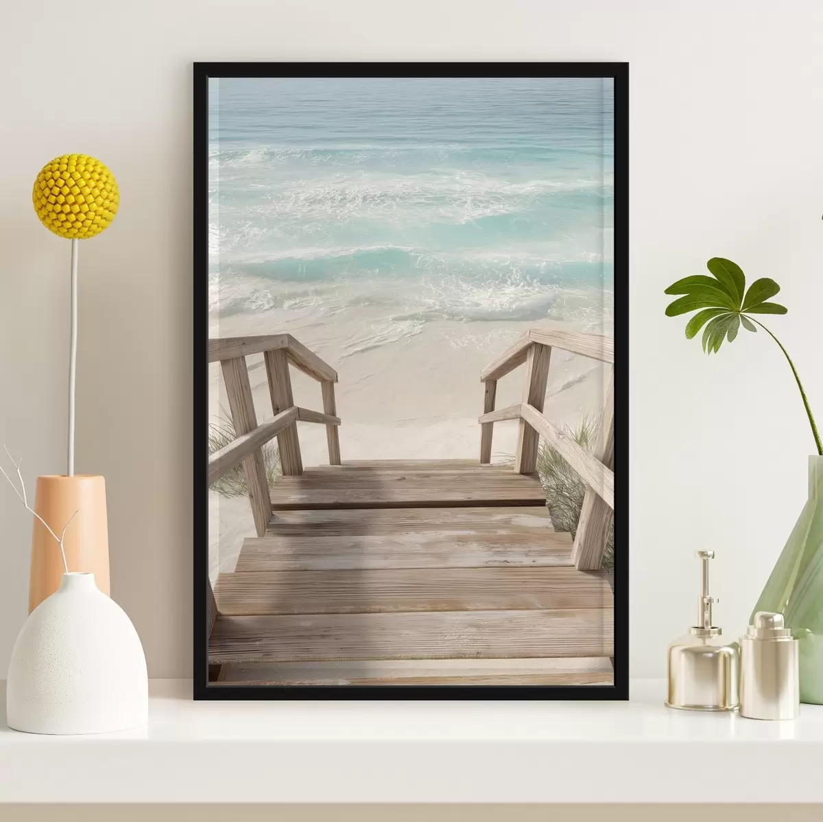 Poster Escalier en bois menant à une plage turquoise f46163