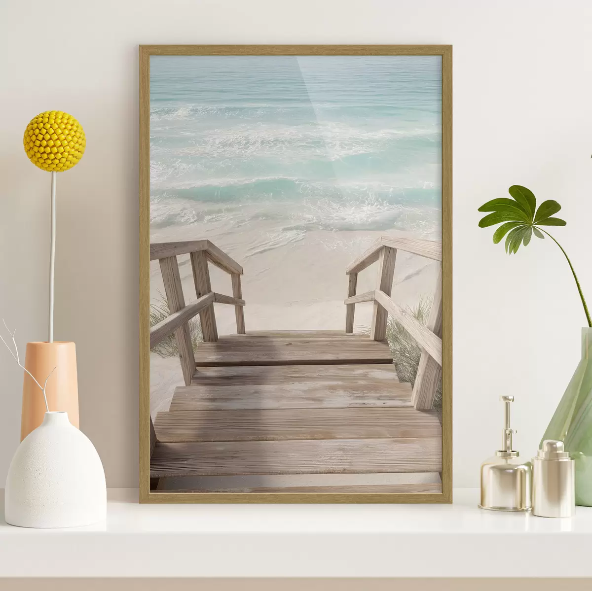Poster Escalier en bois menant à une plage turquoise f46163