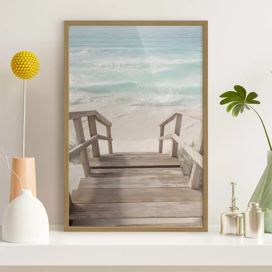 Papier peint Escalier en bois menant à une plage turquoise f46163