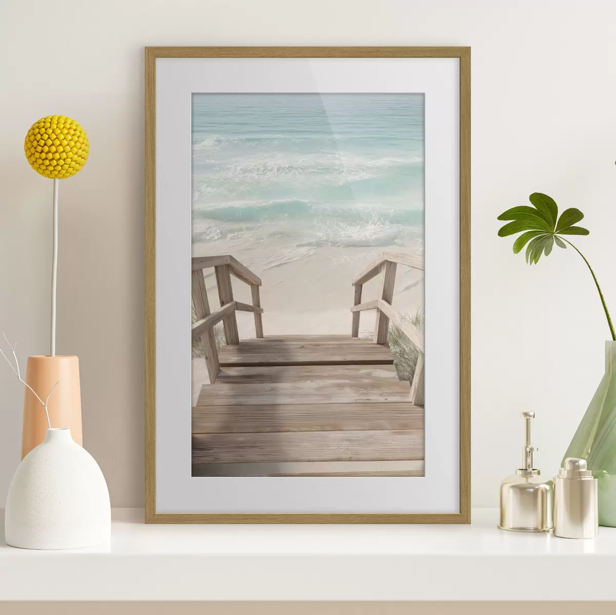 Poster Escalier en bois menant à une plage turquoise f46163