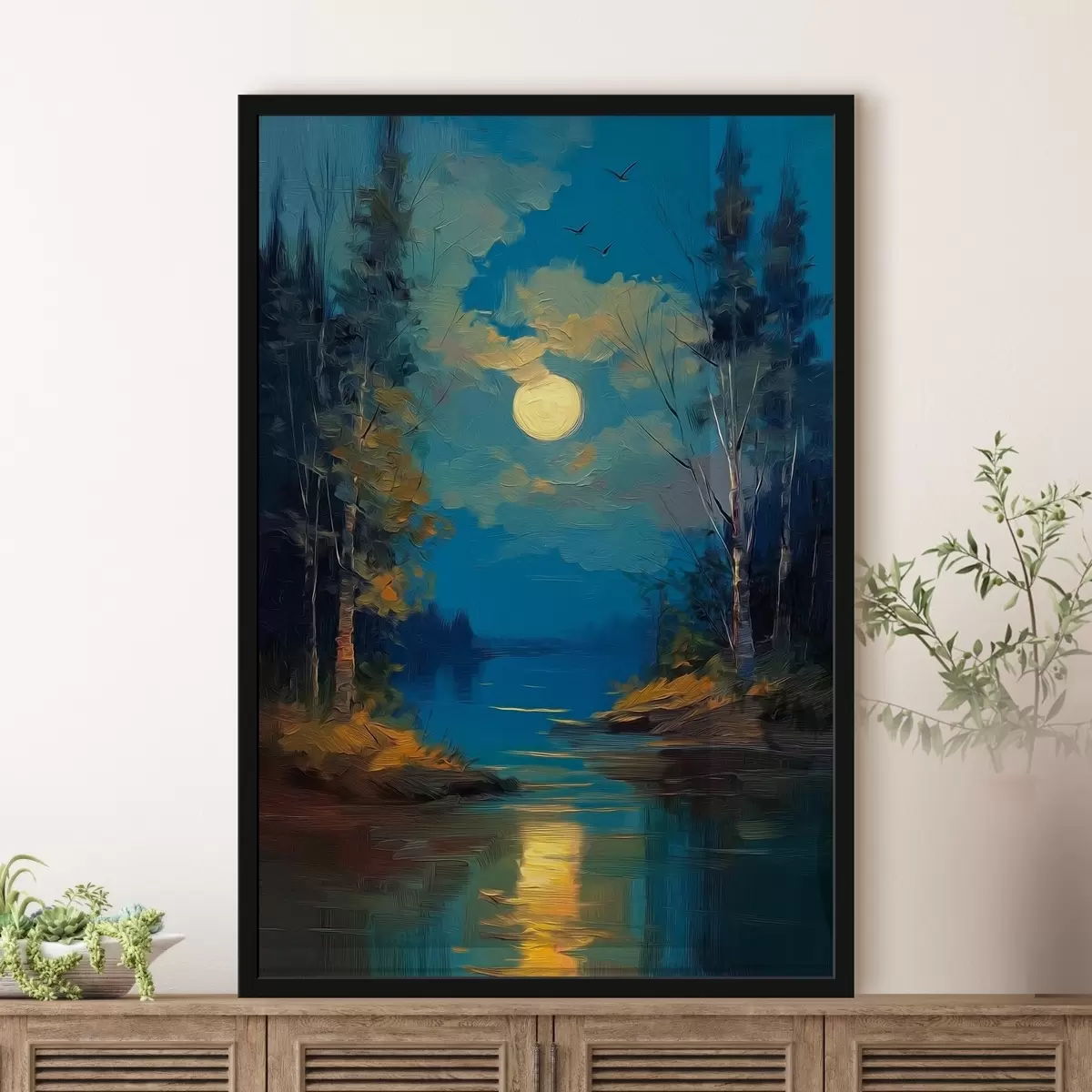 Poster Clair de lune sur une rivière calme au milieu des pins f46164
