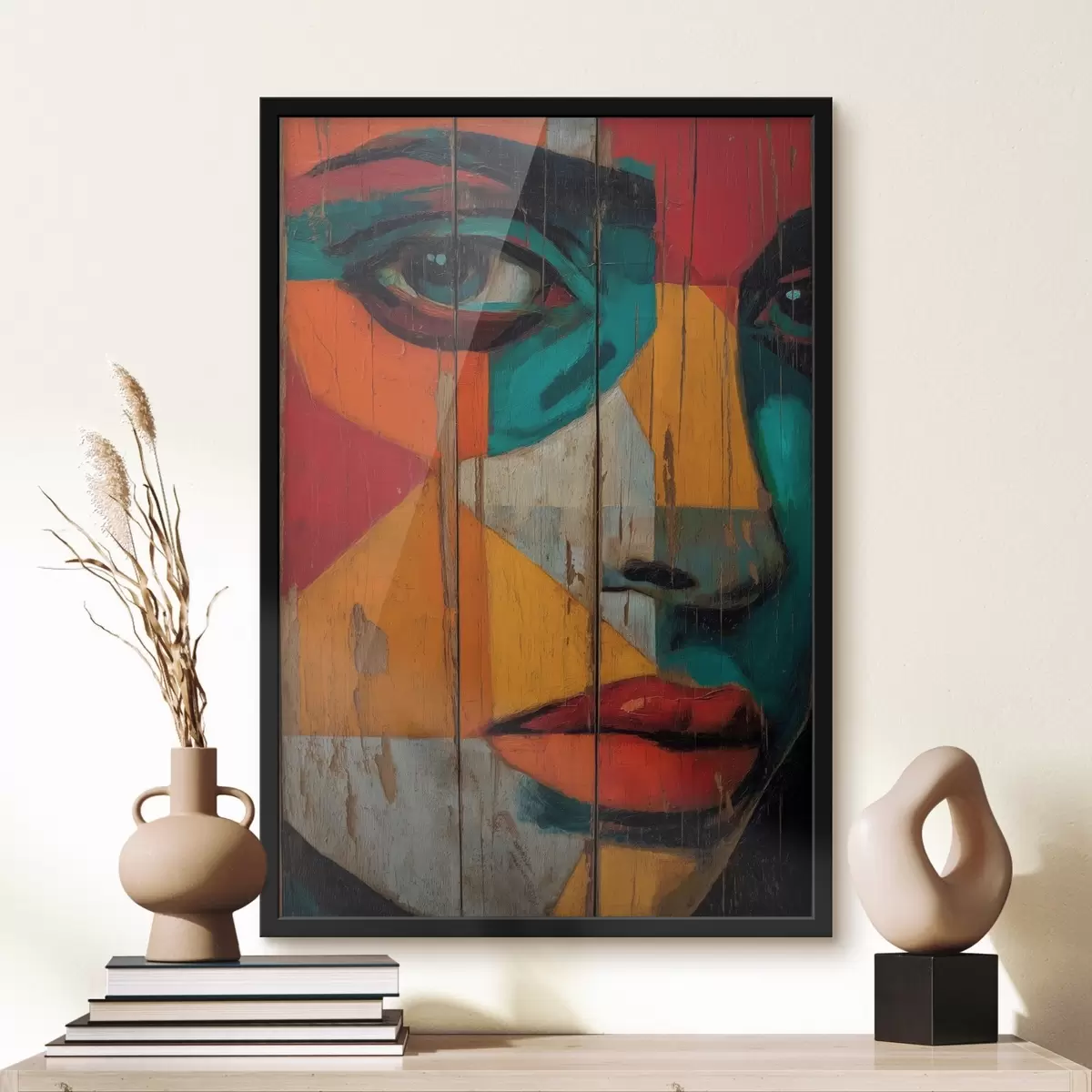 Poster Portrait géométrique lumineux sur panneaux de bois f46165