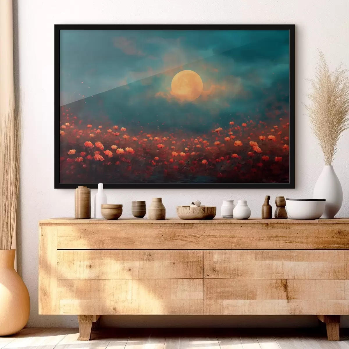 Poster Lune au-dessus d'un champ de fleurs rouges dans un ciel brumeux au crépuscule f46167