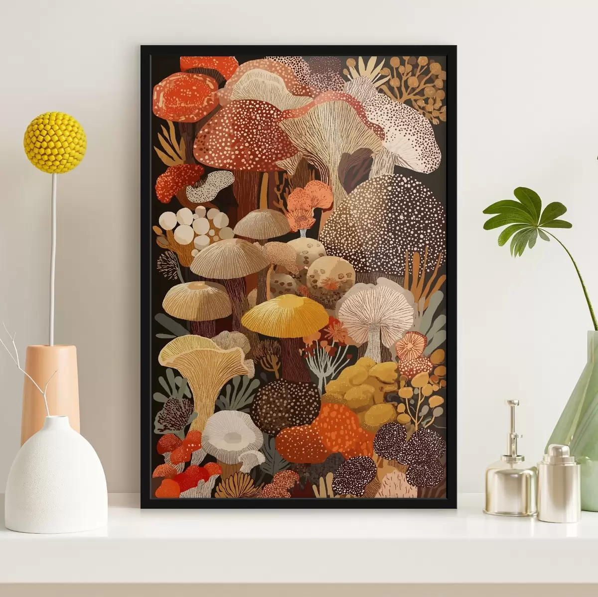 Poster Composition de divers champignons forestiers dans des tons chauds f46170