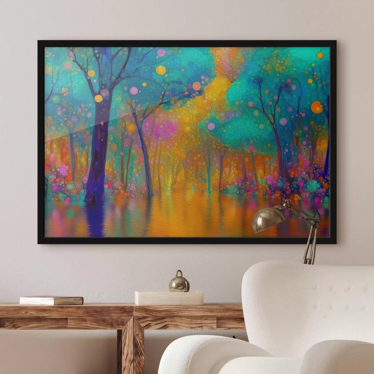 Poster Forêt fantastique aux couleurs vives avec reflets dans l'eau f46171