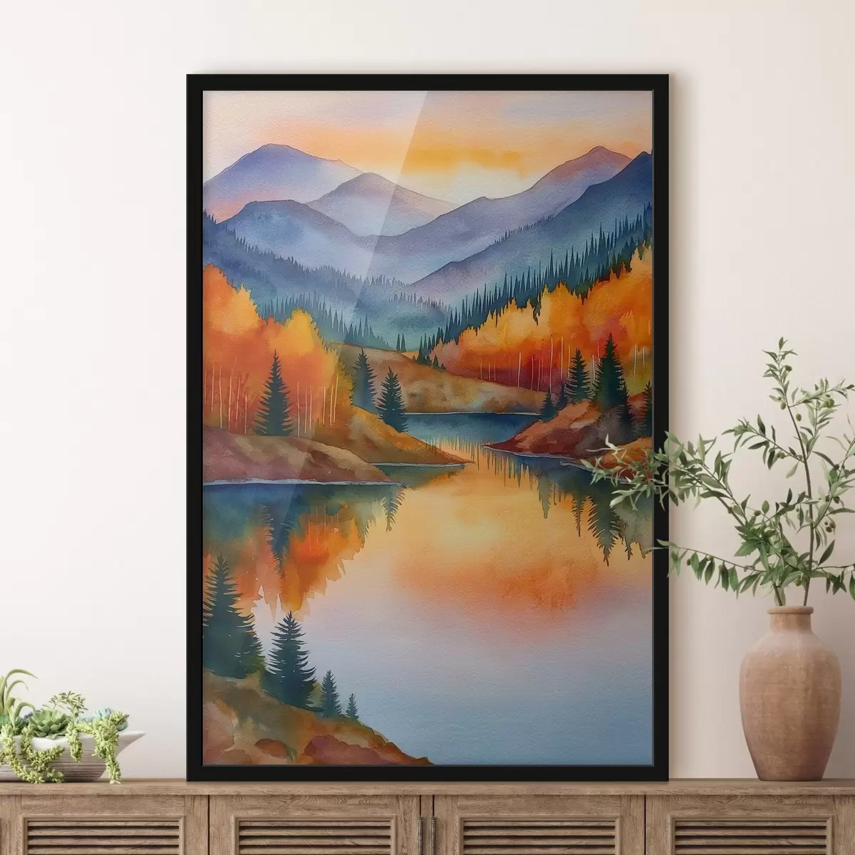 Poster Paysage automnal avec des montagnes se reflétant dans un lac calme f46174