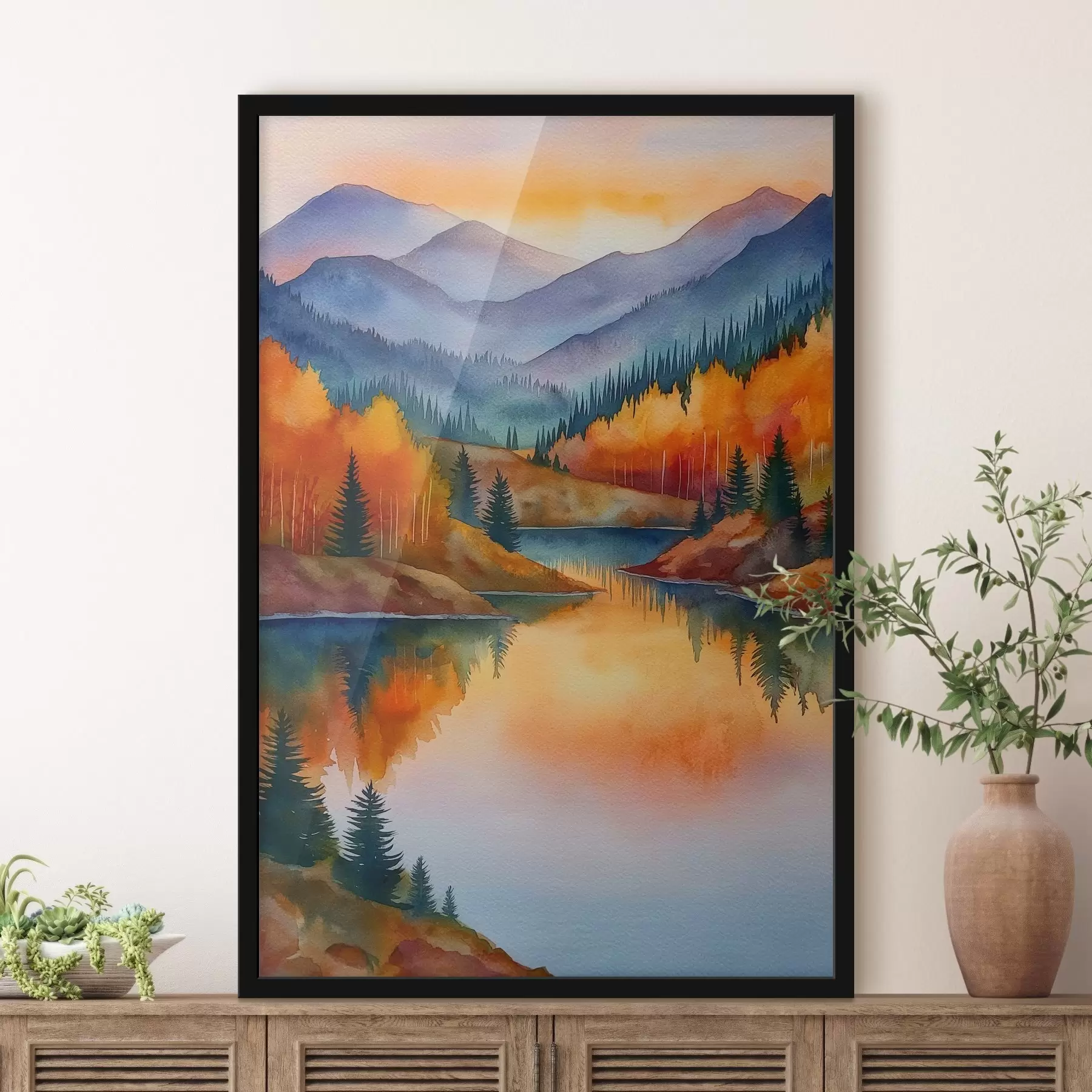 Papier peint Paysage automnal avec des montagnes se reflétant dans un lac calme f46174