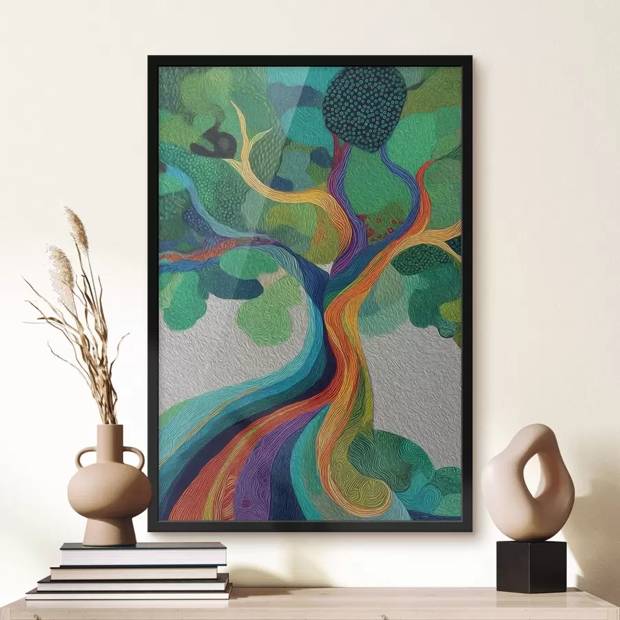 Papier peint Arbre aux branches arc-en-ciel sur fond vert f46173