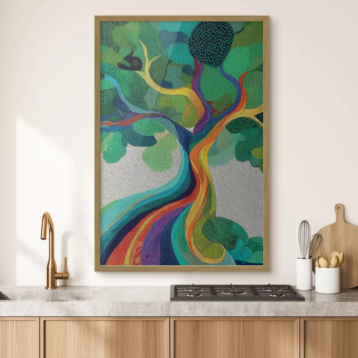Poster Arbre aux branches arc-en-ciel sur fond vert f46173