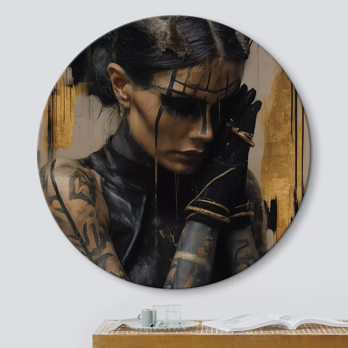 Tableaux rondes Femme avec des cornes, au regard sombre et au visage marqué de rides noires r46144