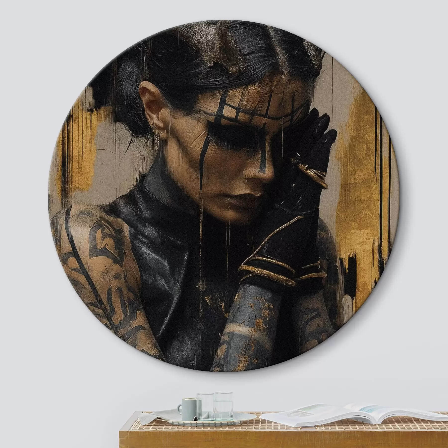 Tableau Femme avec des cornes, au regard sombre et au visage marqué de rides noires r46144