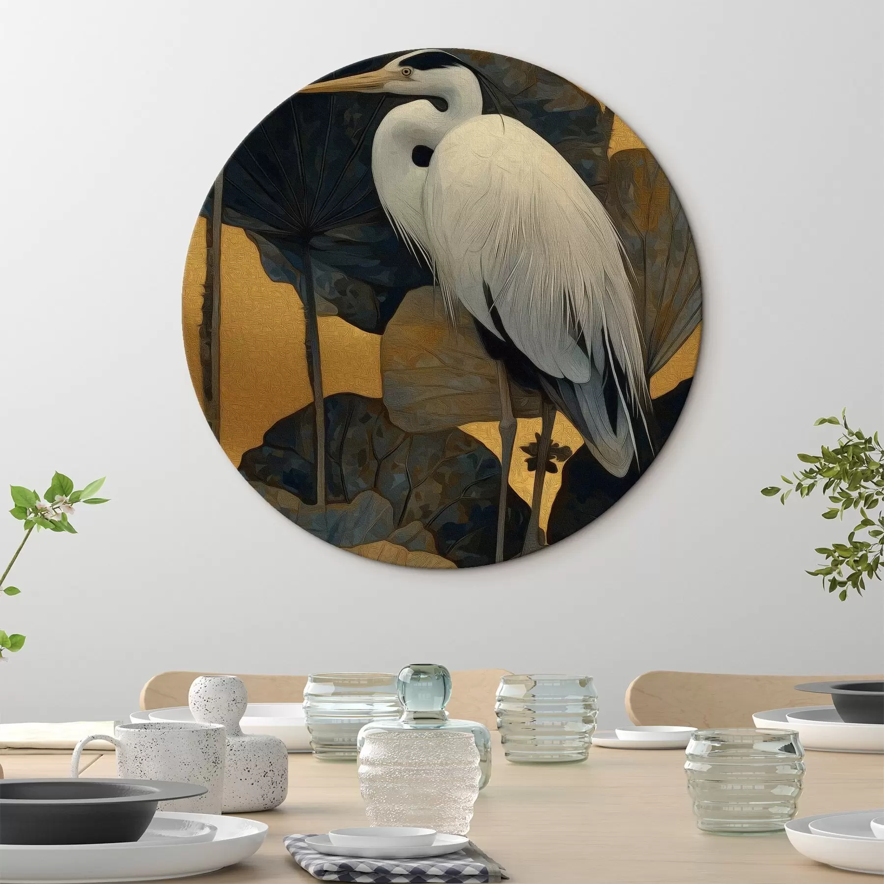 Tableau Héron blanc parmi de grandes feuilles sur un fond chaud r46147