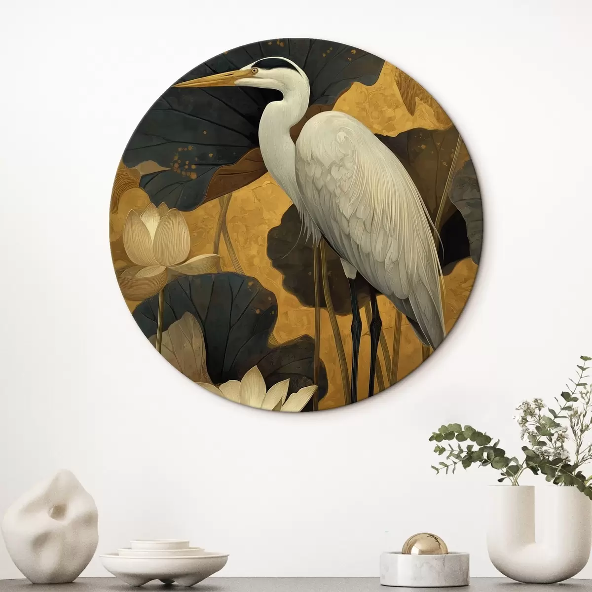 Tableaux rondes Héron parmi les lotus sur un fond chaud r46148