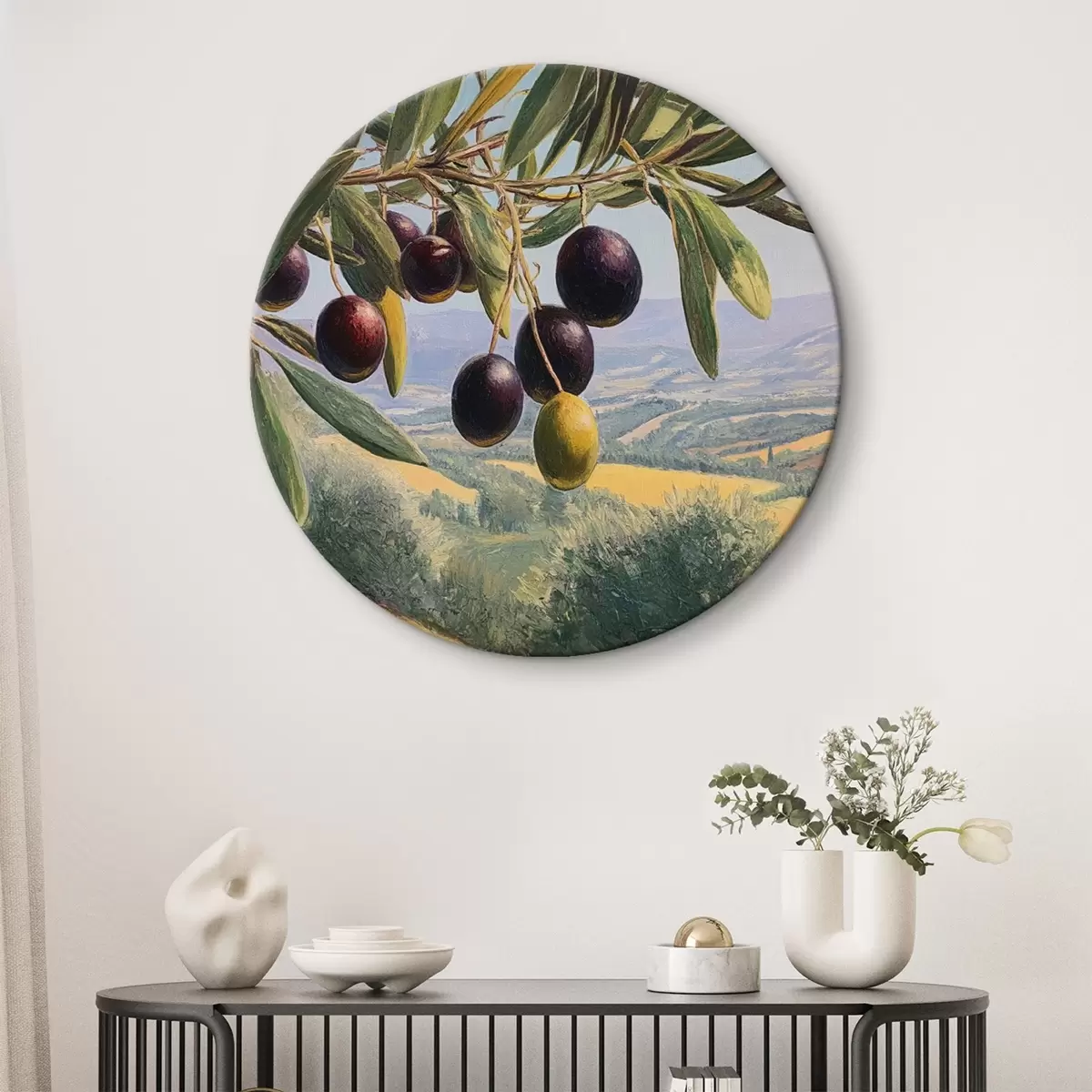 Tableaux rondes Branche d'olivier avec des fruits noirs sur fond de paysage estival r46150