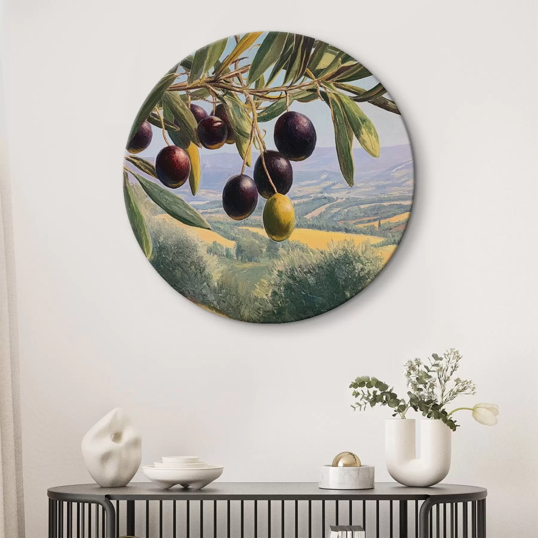 Tableau Branche d'olivier avec des fruits noirs sur fond de paysage estival r46150