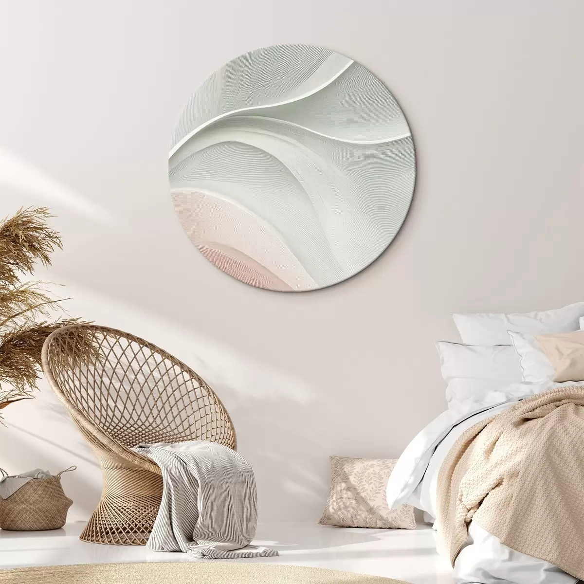 Tableaux rondes Vagues abstraites dans des tons chauds rose-beige r46152