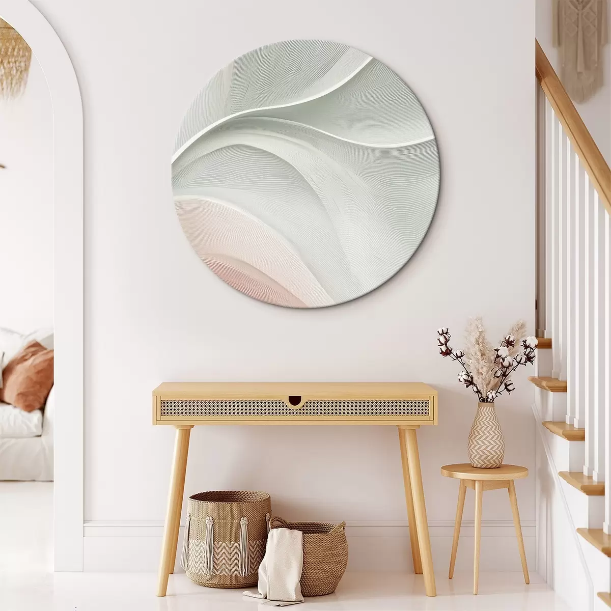 Tableaux rondes Vagues abstraites dans des tons chauds rose-beige r46152