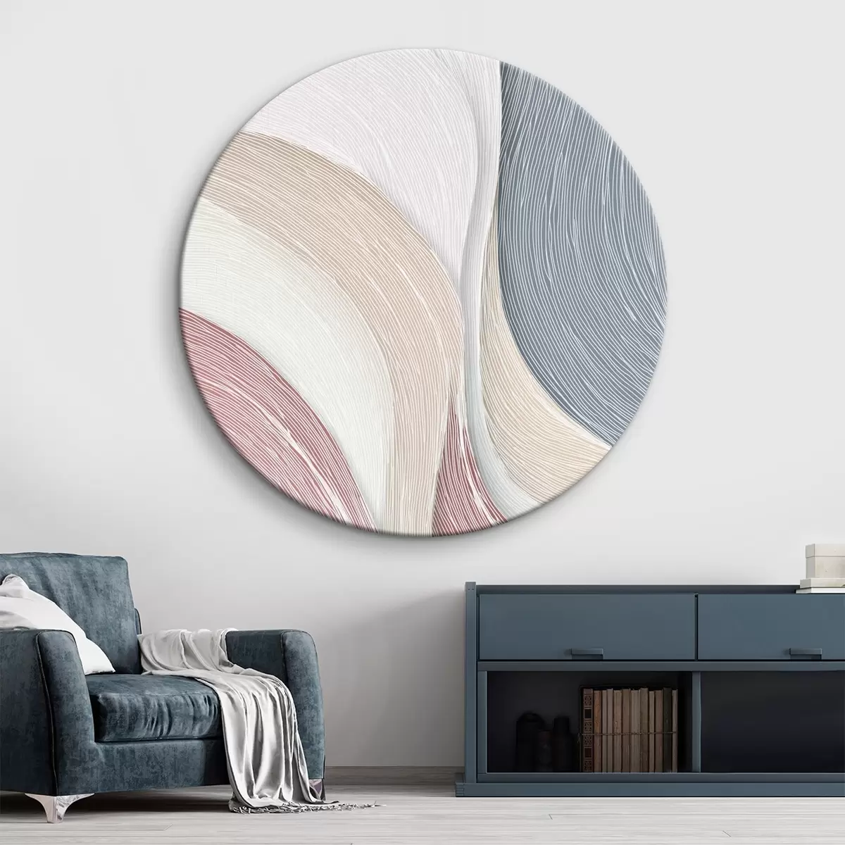 Tableaux rondes Légères vagues abstraites dans des tons rose pâle et gris-blanc r46153