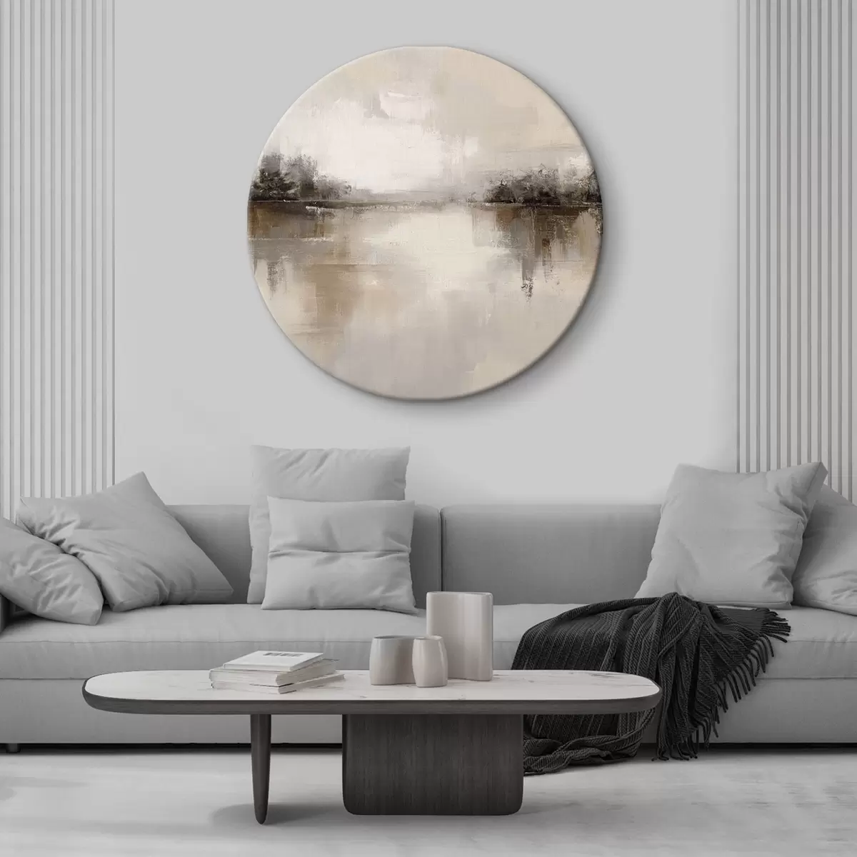 Tableaux rondes Paysage doux avec un lac dans des tons chauds beige-gris r46158