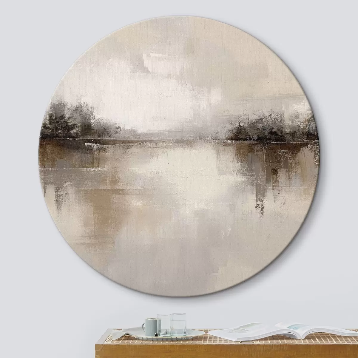 Tableaux rondes Paysage doux avec un lac dans des tons chauds beige-gris r46158
