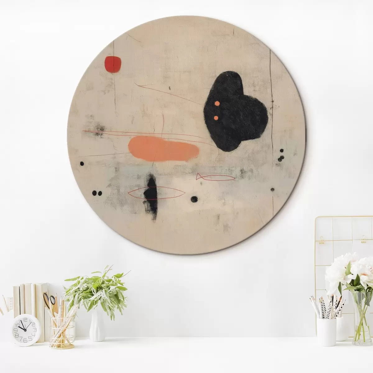Tableaux rondes Dessin abstrait minimaliste avec des accents noirs et corail r46159