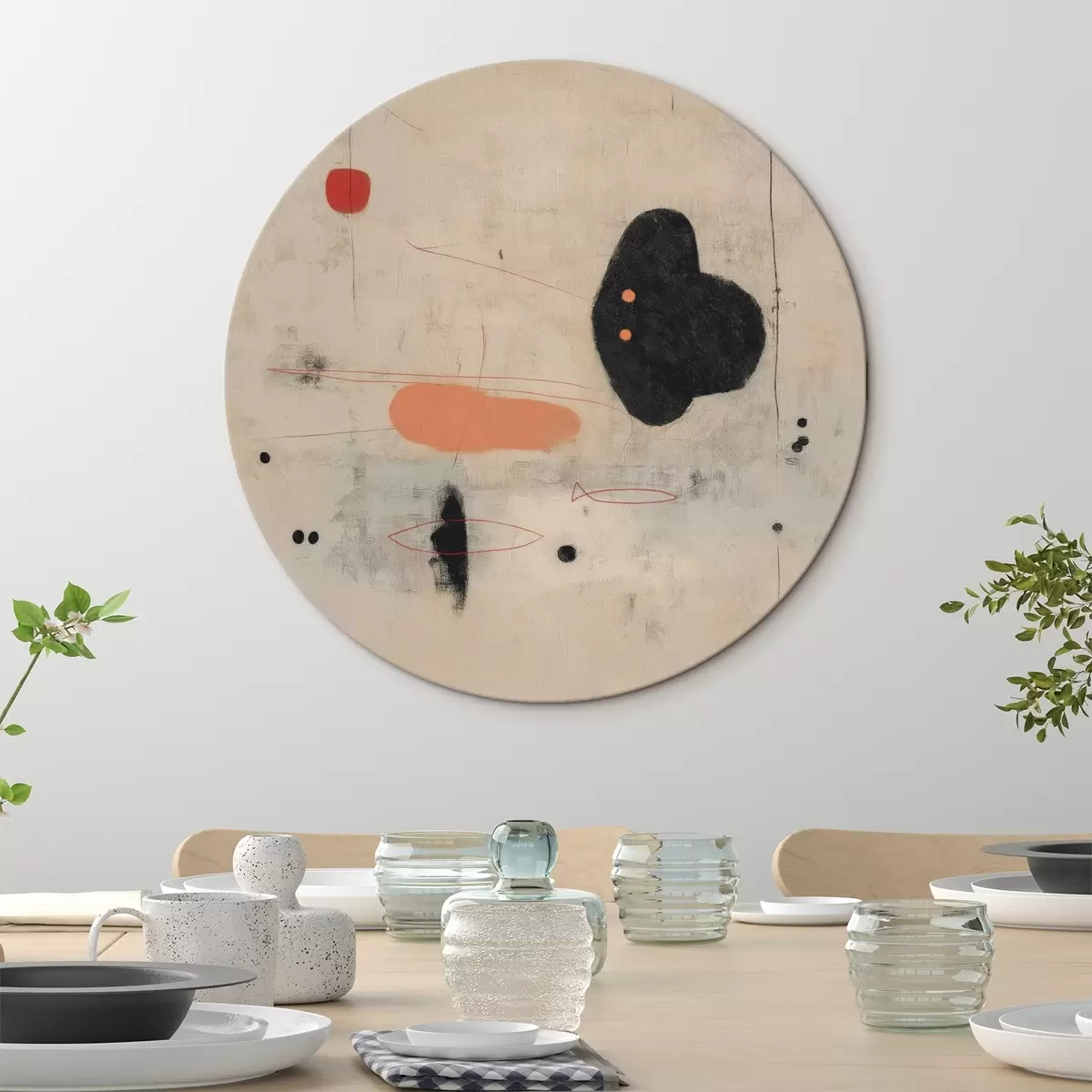 Tableaux rondes Dessin abstrait minimaliste avec des accents noirs et corail r46159