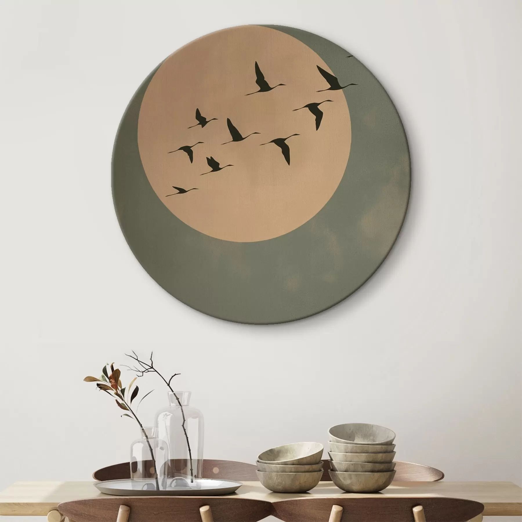 Tableau Une volée d'oiseaux volant devant une grande lune chaude r46162 Tableau Une volée d'oiseaux volant devant une grande lune chaude r46162